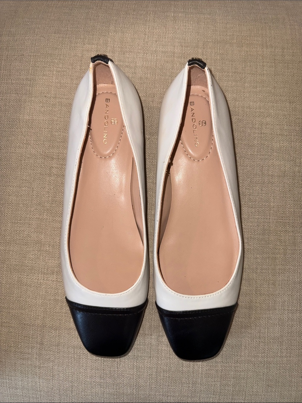 Bandolino White Flats with Black Cap Toe Square Ballet Loafers